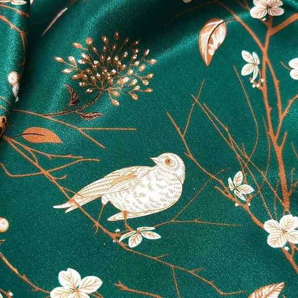 Silk Oblong Scarf Green Floral Birds Butterflies Print 20x66” - Picture 8 of 10